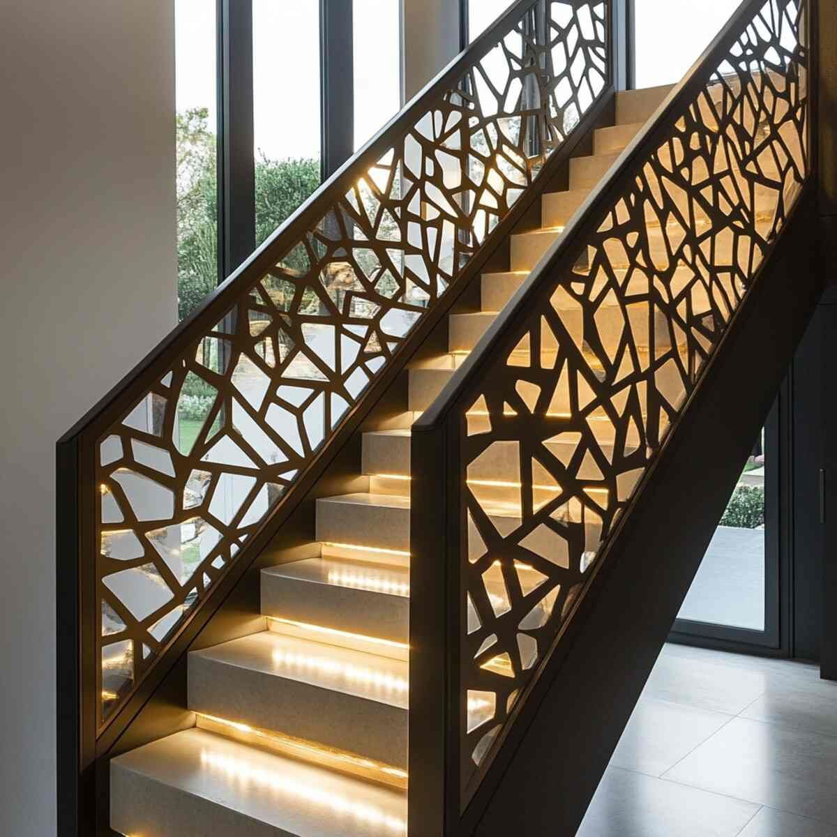 Interior steel staircase with laser-cut organic pattern balustrade panels and step lighting