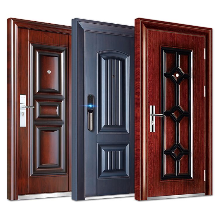 Three fabricated steel security doors in different panel designs and finishes