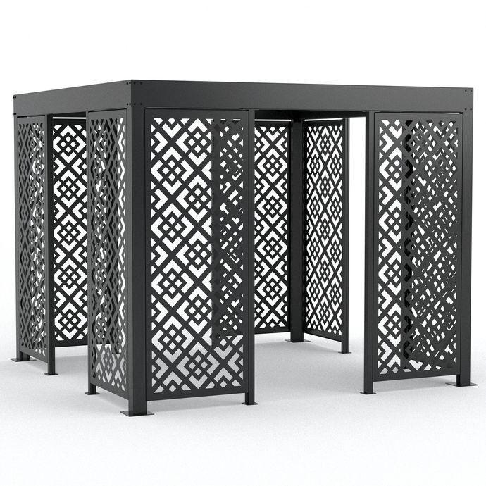 Steel pergola enclosure with geometric diamond lattice laser-cut panels