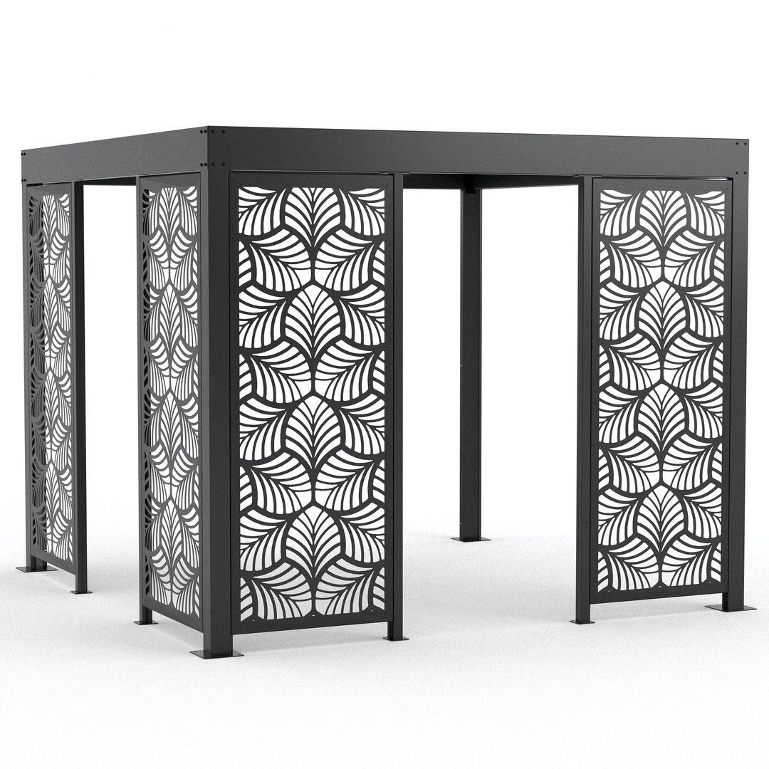 Steel pergola enclosure with leaf-pattern laser-cut screen panels