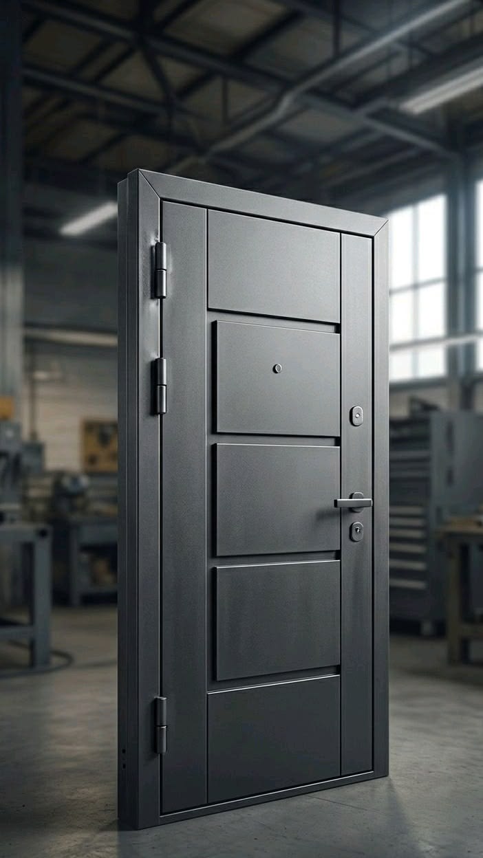 Panelled steel door fabricated and finished in the workshop