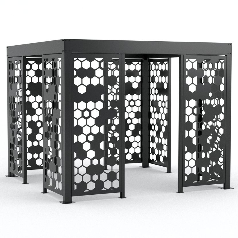 Steel pergola enclosure with honeycomb hexagon laser-cut screen panels