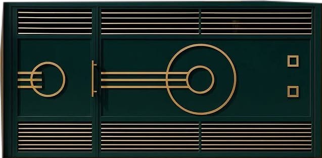 Green gate leaves with gold-finished linear decorative detailing